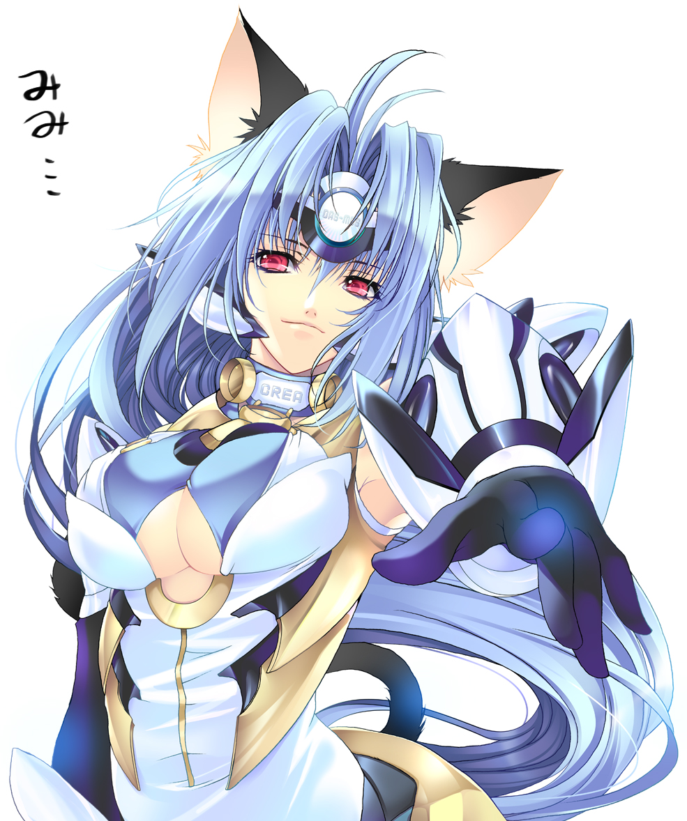 creayus, kos-mos, kos-mos ver. 4, xenosaga, xenosaga episode iii, bad id, bad pixiv id, 00s, 1girl, animal ears, blue hair, breasts, cat ears, cat girl, cleavage, female focus, large breasts, red eyes, smirk, solo, underboob