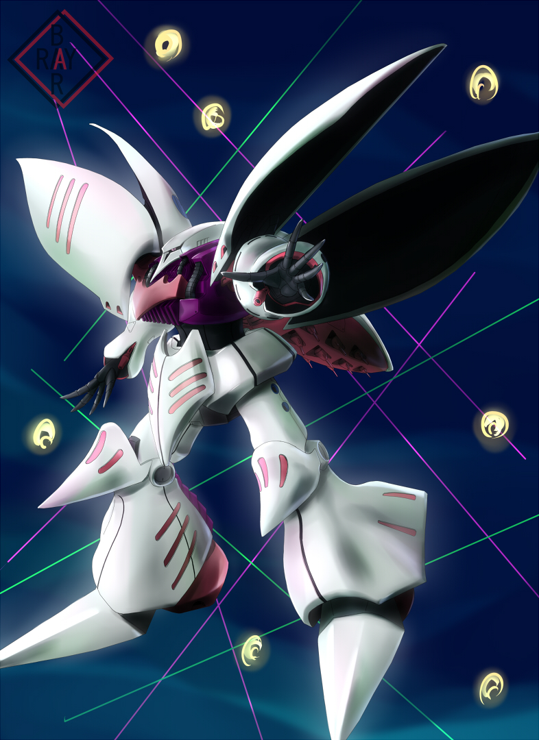 raybar, qubeley, gundam, gundam zz, zeta gundam, turret, armor, blue background, flying, foreshortening, glowing, mecha, no humans, outstretched arm, robot, simple background, sky, spread fingers, weapon