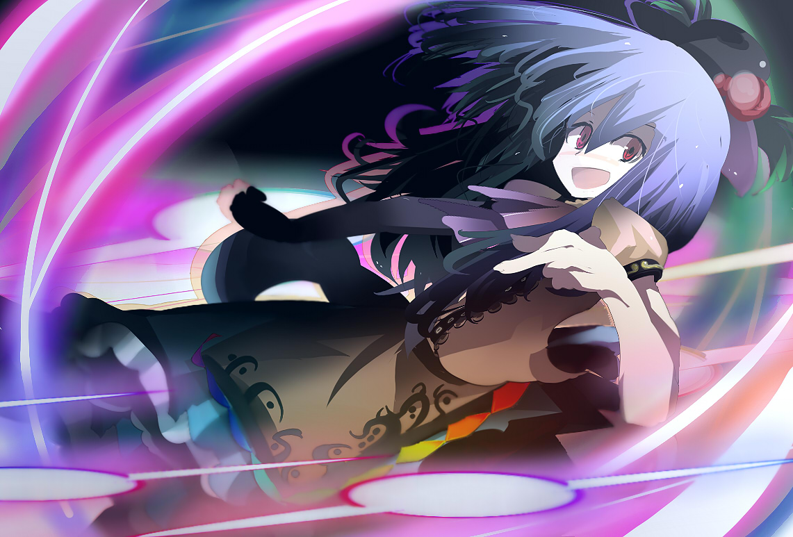 yoshioka yoshiko, hinanawi tenshi, touhou, 1girl, blue hair, female focus, food, fruit, hat, leaf, peach, red eyes, solo