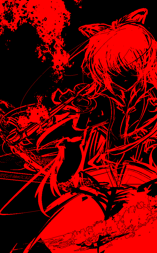 yoshioka yoshiko, fujiwara no mokou, touhou, 1girl, black background, female focus, hair over eyes, hair ribbon, kiseru, monochrome, red theme, ribbon, smoking pipe, solo