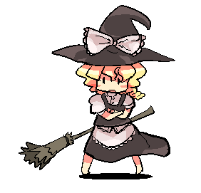 yoshioka yoshiko, kirisame marisa, touhou, lowres, 1girl, blonde hair, broom, crossed arms, female focus, full body, hat, simple background, solo, white background, witch, witch hat