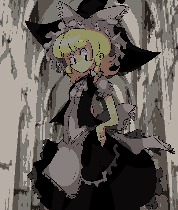 yoshioka yoshiko, kirisame marisa, touhou, 1girl, blonde hair, braid, female focus, hat, indoors, ribbon, skirt, solo, witch, witch hat