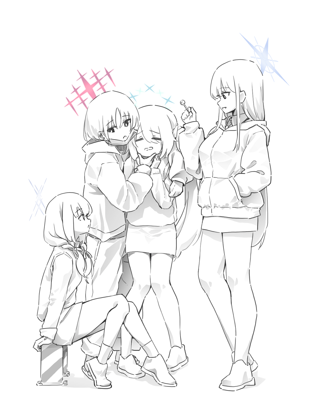 donggang17, arius squad (blue archive), atsuko (blue archive), hiyori (blue archive), misaki (blue archive), saori (blue archive), blue archive, highres, 4girls, = =, blue halo, candy, closed mouth, food, frown, grey halo, greyscale, halo, hand in pocket, hand up, holding, holding candy, holding food, holding lollipop, hood, hoodie, lollipop, long hair, long sidelocks, long sleeves, low-tied long hair, mask, mask pull, miniskirt, monochrome, mouth mask, multiple girls, open mouth, pants, parted bangs, pink halo, raised inner eyebrows, shoes, short hair, sidelocks, sitting, skirt, spot color, standing, straight hair, very long hair, wavy mouth