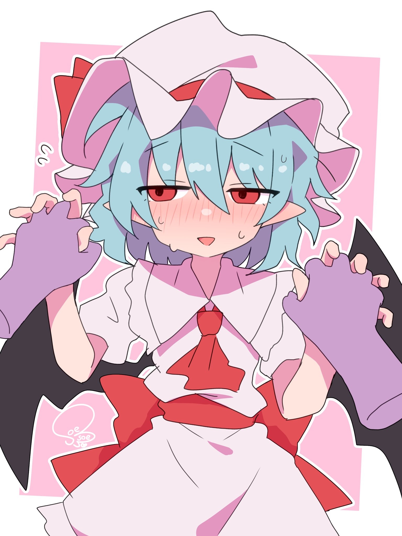 soesoe300, remilia scarlet, touhou, highres, 1girl, artist name, ascot, bat wings, collared shirt, embarrassed, flying sweatdrops, frilled hat, frills, grey hat, grey shirt, grey skirt, hair between eyes, hat, hat ribbon, holding hands, interlocked fingers, mob cap, nervous sweating, pointy ears, pov, red ascot, red eyes, red ribbon, ribbon, shirt, signature, skirt, solo, sweat, waist ribbon, wings