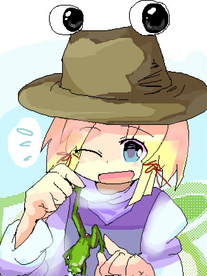 yoshioka yoshiko, moriya suwako, touhou, lowres, 1girl, blonde hair, blue eyes, female focus, frog, hat, short hair, solo, upper body