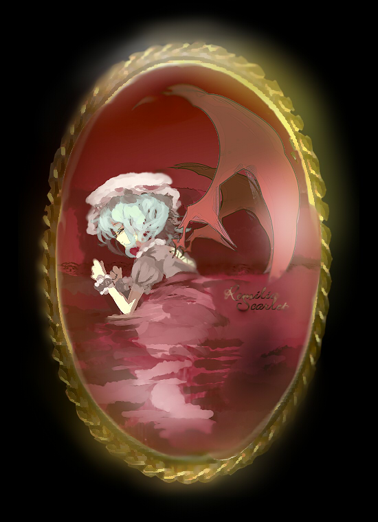 yoshioka yoshiko, remilia scarlet, touhou, 1girl, bat wings, blue hair, female focus, hat, mob cap, short hair, sleeping, solo, vampire, wings