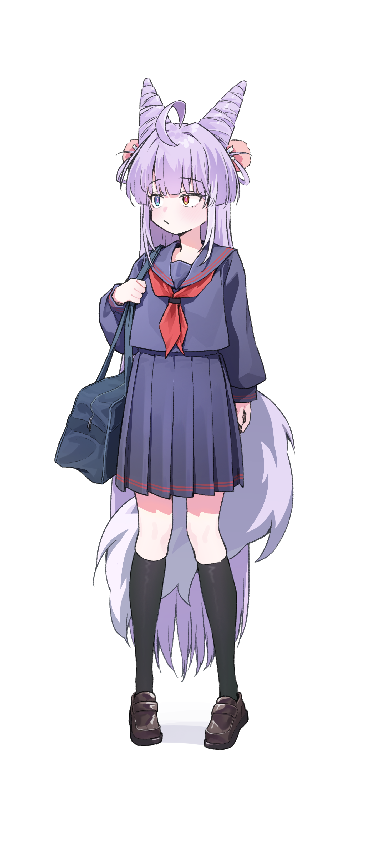 donggang17, tenko shibuki, stellive, absurdres, commentary request, highres, korean commentary, 1girl, ahoge, bag, black shoes, black socks, blue eyes, brown eyes, closed mouth, cone hair bun, double bun, expressionless, full body, grey sailor collar, grey serafuku, grey shirt, hair bun, hair ornament, hetero, huge ahoge, kneehighs, loafers, long hair, long sleeves, neckerchief, pigeon-toed, pink pupils, pleated skirt, pom pom (clothes), pom pom hair ornament, purple hair, red neckerchief, sailor collar, school bag, school uniform, serafuku, shirt, shoes, simple background, skirt, socks, solo, standing, tail, very long hair, virtual youtuber, white background