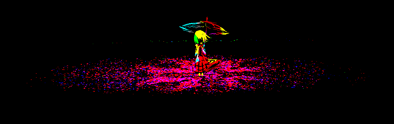yoshioka yoshiko, kazami yuuka, touhou, long image, wide image, 1girl, colorful, dark, faceless, female focus, flower, holding, holding flower, parasol, pixel art, plaid clothes, plaid skirt, short hair, skirt, smelling, smelling flower, solo, umbrella