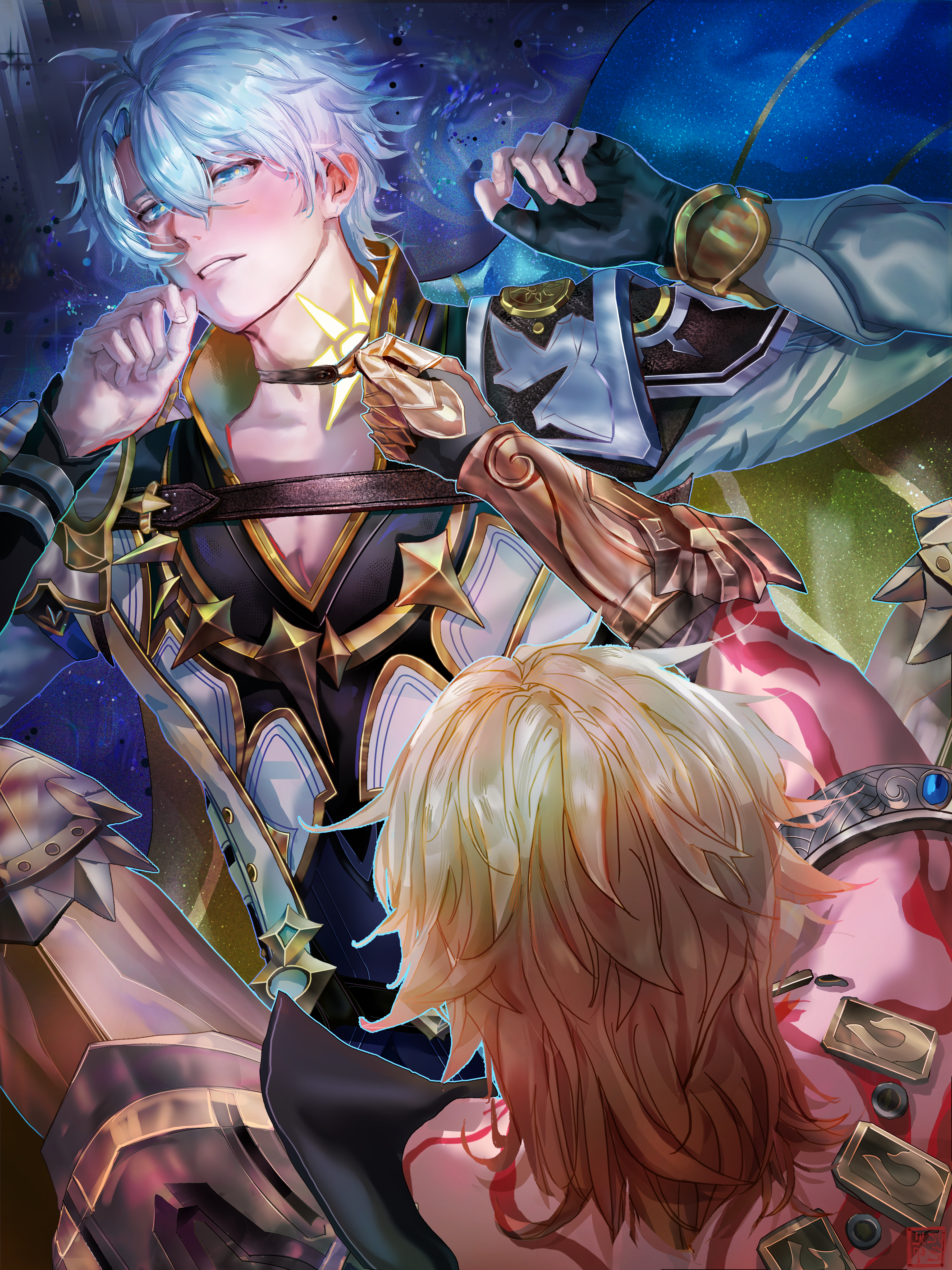 mydei (honkai: star rail), phainon (honkai: star rail), honkai: star rail, honkai (series), absurdres, chinese commentary, commentary request, highres, 2boys, antenna hair, arm tattoo, armlet, armor, black choker, black coat, black gloves, black shirt, blonde hair, blue eyes, blush, braid, choker, clawed gauntlets, coat, fingerless gloves, gloves, gold necklace, gradient hair, jewelry, leg armor, male focus, medium hair, multicolored hair, multiple boys, neck tattoo, necklace, open clothes, open coat, parted bangs, pauldrons, red hair, red tattoo, shennianxiamiao, shirt, short hair, shoulder armor, side braid, single glove, single pauldron, sun symbol, sun tattoo, tan, tattoo, white coat, white hair, yaoi