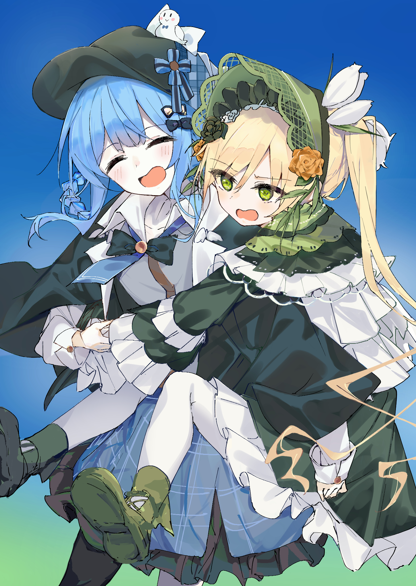 dice choco, tachibana sherry, tono hanna, mahou shoujo no majo saiban, highres, 2girls, asymmetrical legwear, bird hat ornament, black capelet, black dress, black flower, black pantyhose, black rose, blonde hair, blue hair, blue skirt, bonnet, braid, braided hair rings, capelet, carrying, deerstalker, dress, flower, gradient background, green bonnet, green eyes, green shoes, hair rings, hat, lolita fashion, magical girl, multiple girls, open mouth, pantyhose, piggyback, plaid clothes, plaid skirt, rose, shoes, short hair, skirt, white pantyhose, yellow flower, yellow rose