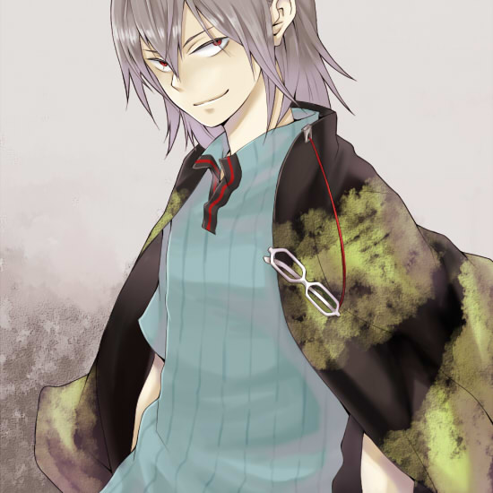 teketo, naoya (devil survivor), devil survivor (series), devil survivor 1, 1boy, glasses, gradient background, grey hair, male focus, red eyes, solo, upper body
