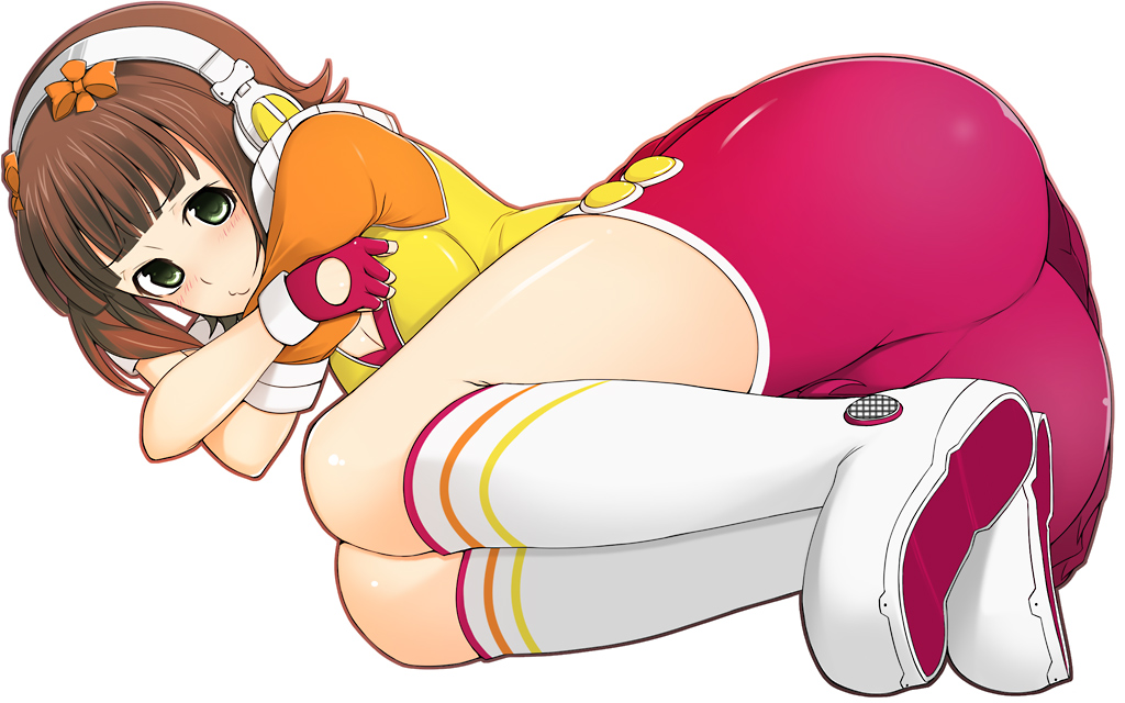 kazuto san, amami haruka, idolmaster, idolmaster (classic), pop sound blossom, bad id, bad pixiv id, 00s, 1girl, ass, blush, breasts, cleavage, female focus, fingerless gloves, gloves, headphones, medium breasts, short hair, shorts, skirt, solo