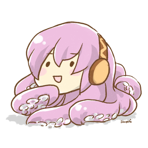 sanpati, megurine luka, takoluka, vocaloid, blush, headphones, no humans, pink hair, simple background, solid circle eyes, solo, tentacles, white background