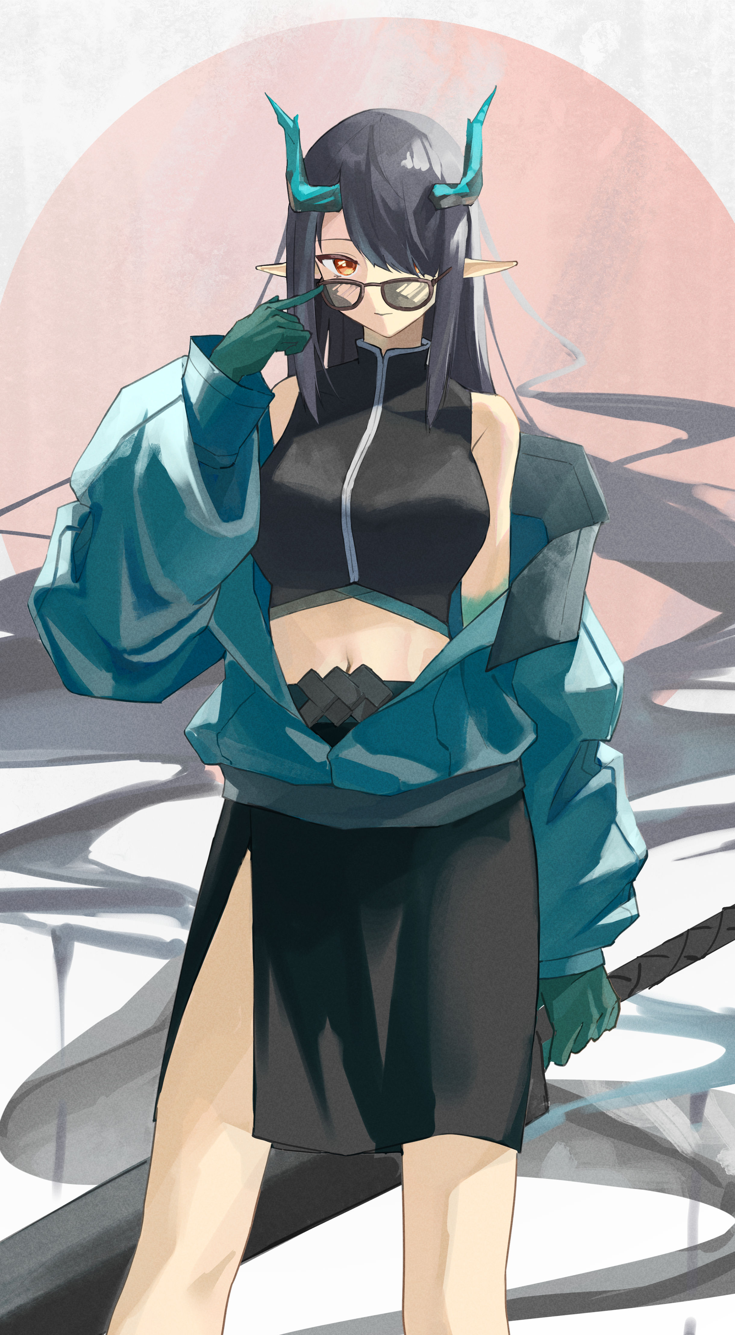yagi000, dusk (arknights), arknights, absurdres, highres, 1girl, adjusting eyewear, alternate costume, black hair, black skirt, black tank top, dragon girl, dragon horns, green hands, green horns, green jacket, hair over one eye, holding, holding sword, holding weapon, horns, jacket, looking at viewer, mandarin collar, pointy ears, red eyes, skirt, solo, sword, tank top, weapon