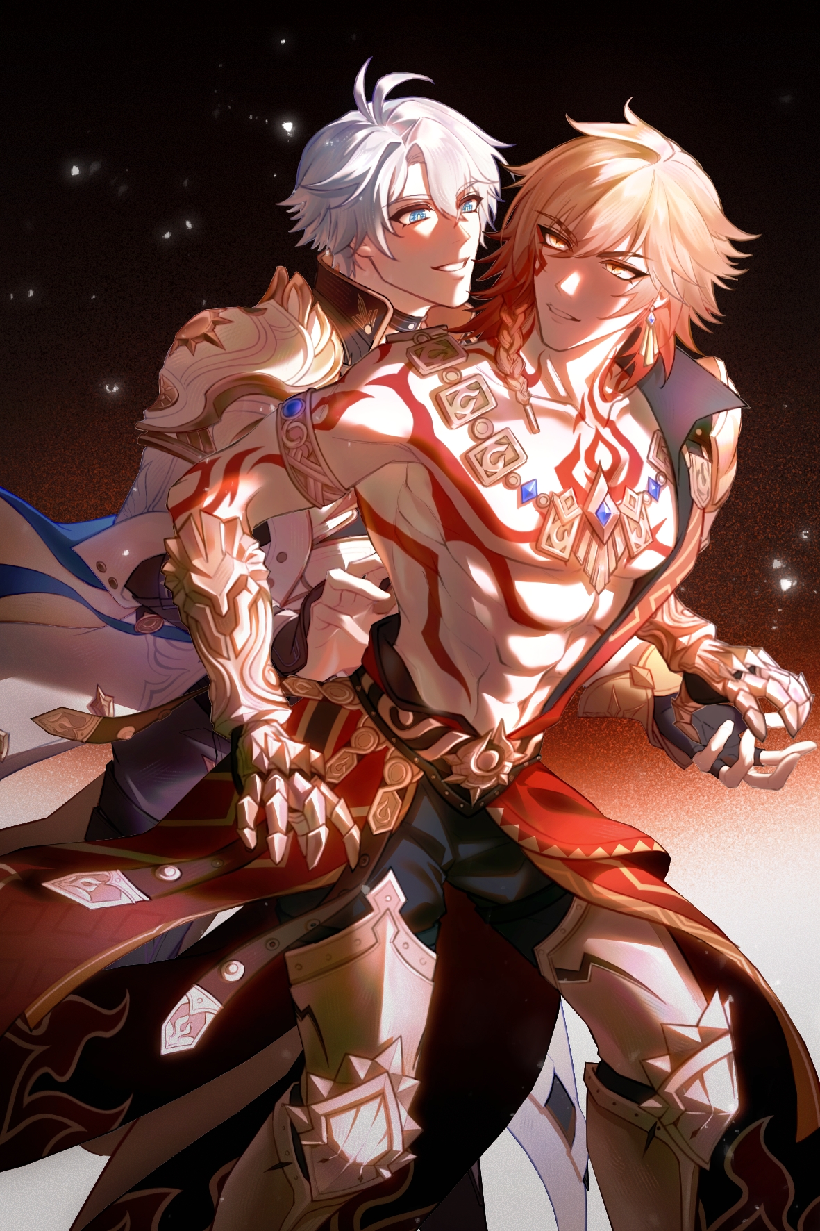 mydei (honkai: star rail), phainon (honkai: star rail), honkai: star rail, honkai (series), chinese commentary, commentary request, highres, 2boys, abs, antenna hair, arm tattoo, armlet, armor, black choker, black coat, black gloves, black shirt, blonde hair, blue eyes, braid, chest tattoo, choker, clawed gauntlets, coat, earrings, facial tattoo, fingerless gloves, gloves, gold earrings, gold necklace, gradient hair, jewelry, male focus, medium hair, multicolored hair, multiple boys, muscular, muscular male, neck tattoo, necklace, open clothes, open coat, parted bangs, pauldrons, red hair, red tattoo, shirt, short hair, shoulder armor, side braid, single glove, single pauldron, sun symbol, sun tattoo, tan, tattoo, white coat, white hair, yaoi, yellow eyes, zuiwoshachangjunmoxiao622