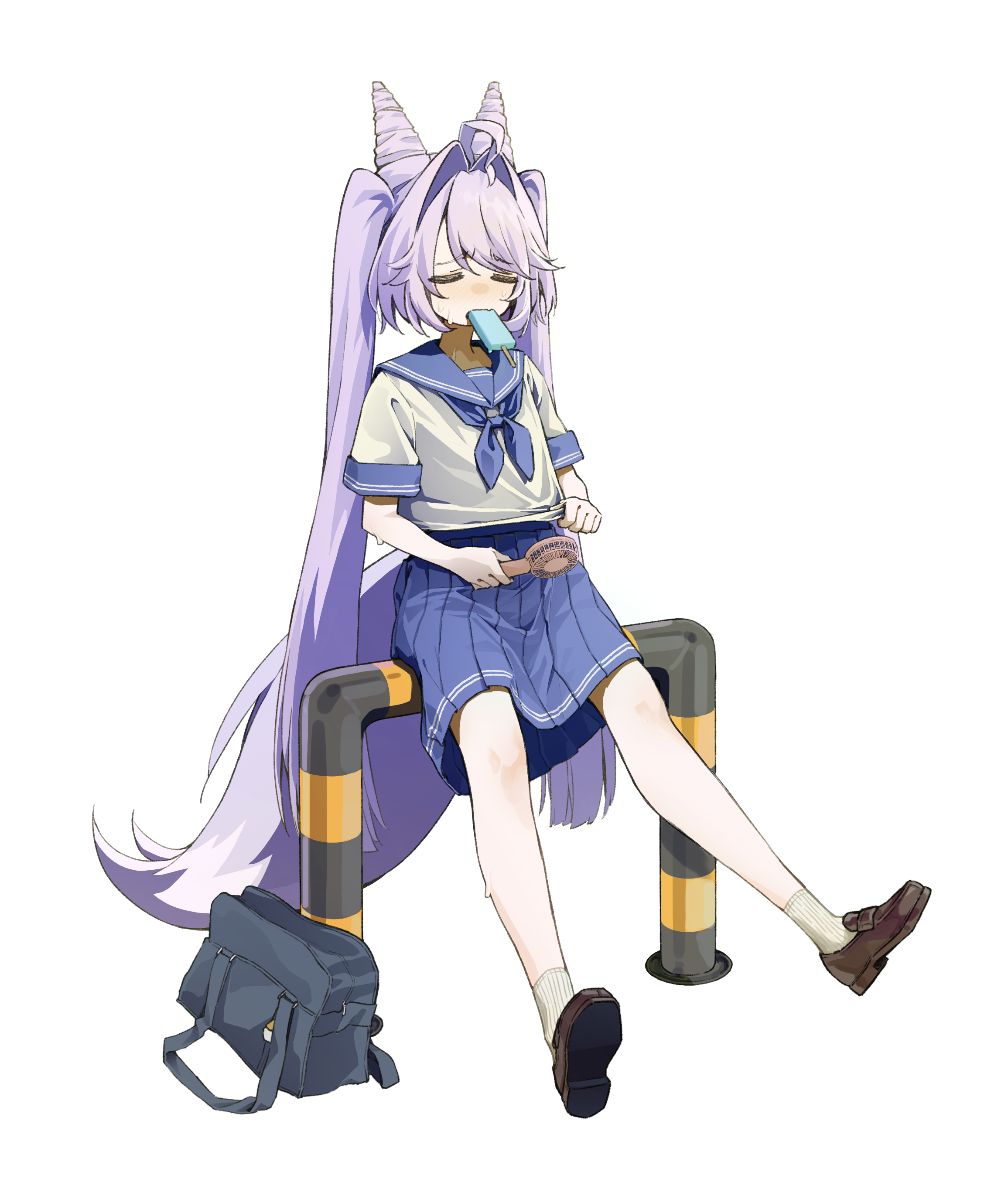 donggang17, tenko shibuki, stellive, absurdres, commentary request, highres, korean commentary, 1girl, bag, blue neckerchief, blue sailor collar, blue sky, brown shoes, closed eyes, cone hair bun, double bun, fanning self, food, food in mouth, full body, hair bun, hair ears, hand fan, handheld electric fan, holding, holding fan, hot, loafers, long hair, neckerchief, parted bangs, pleated skirt, popsicle, popsicle in mouth, purple hair, purple tail, raised inner eyebrows, ribbed socks, sailor collar, school bag, school uniform, serafuku, shirt, shoes, short sleeves, simple background, sitting, skirt, sky, socks, solo, sweat, tail, twintails, very long hair, virtual youtuber, white background, white shirt, white socks