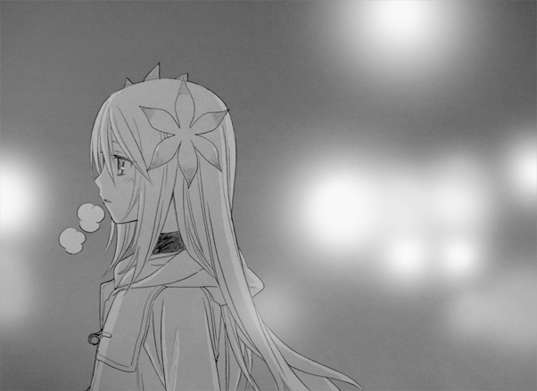 marta lualdi, tales of (series), tales of symphonia, tales of symphonia: dawn of the new world, 00s, coat, flower, greyscale, hair ornament, long hair, monochrome, solo