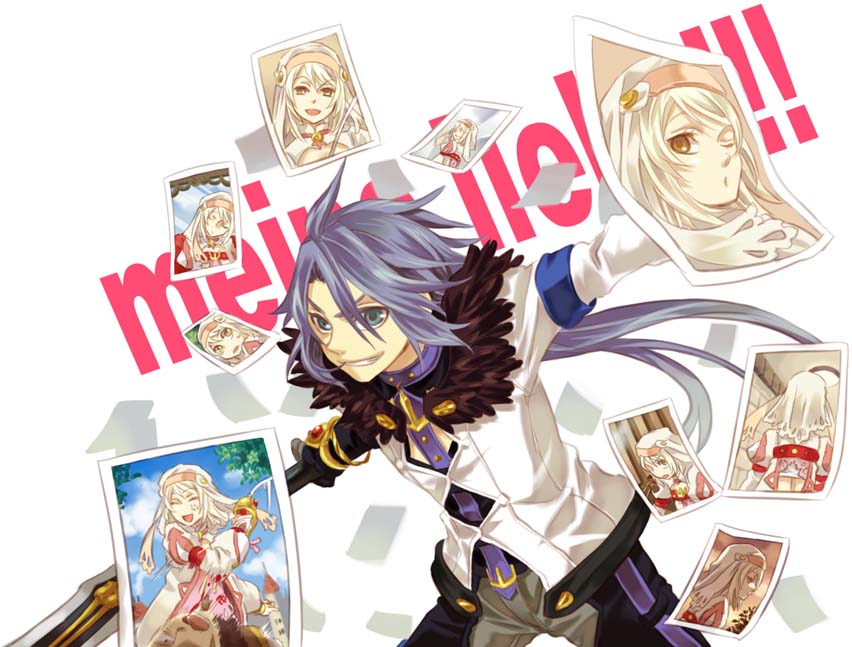 miho (mi), alice (tales), decus (tales), tales of (series), tales of symphonia, tales of symphonia: dawn of the new world, 00s, blue eyes, gloves, long hair, photo (object), purple hair, short hair, smile, sword, weapon, white hair, yellow eyes