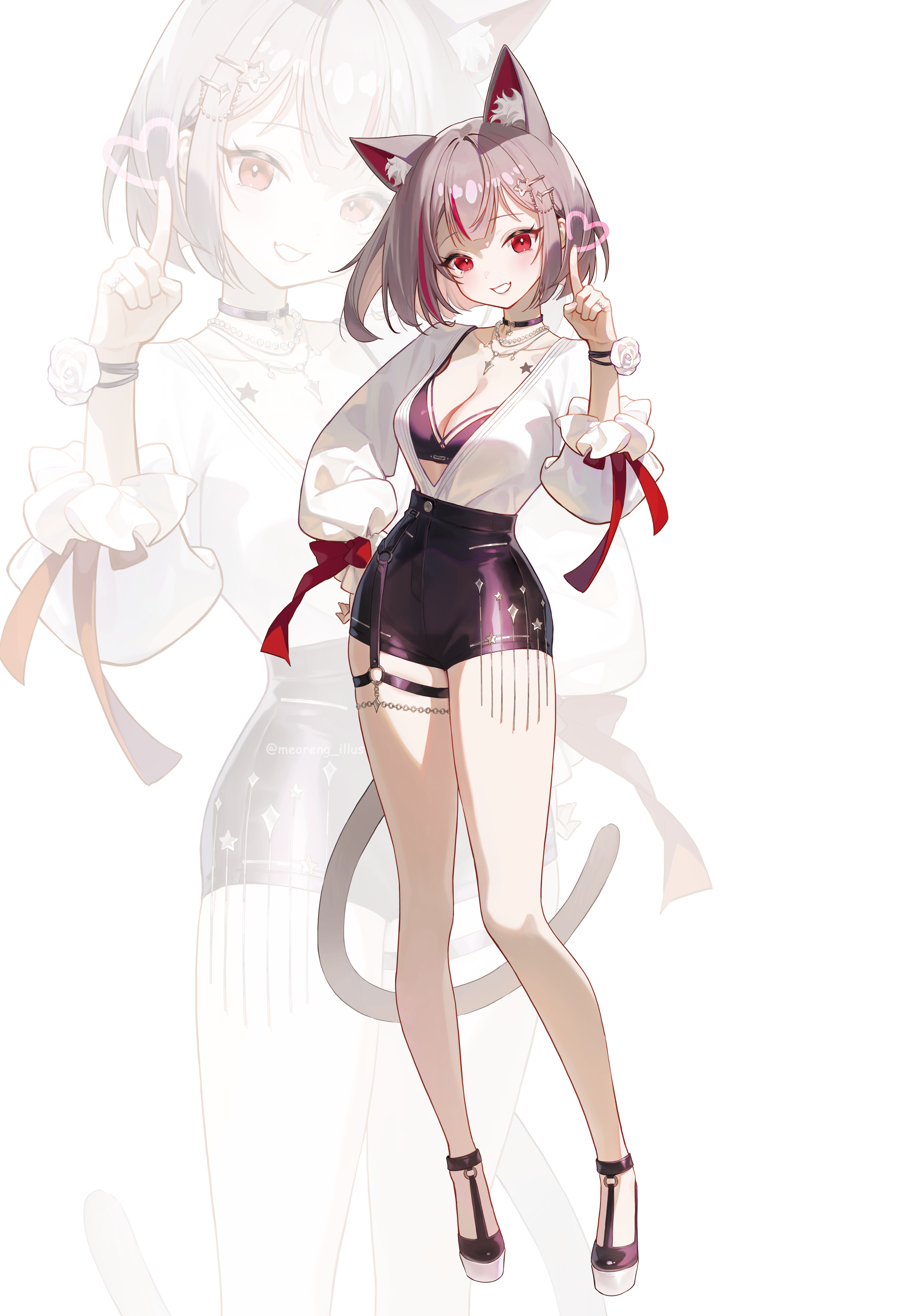 meoreng illust, neneko mashiro, stellive, absurdres, bilingual commentary, commentary, english commentary, highres, mixed-language commentary, 1girl, animal ear fluff, animal ears, black choker, bra, breasts, character name, choker, cleavage, collarbone, contrapposto, frilled sleeves, frills, full body, grey hair, grin, hand up, heart, high-waist shorts, index finger raised, jewelry, large breasts, long sleeves, looking at viewer, multicolored hair, necklace, open clothes, open shirt, pearl necklace, purple bra, purple shirt, purple shoes, red eyes, red ribbon, ribbon, shirt, shoes, short hair, short shorts, shorts, shoulder tattoo, sleeve ribbon, smile, solo, standing, star (symbol), star pendant, star tattoo, streaked hair, tattoo, underwear, virtual youtuber, white background, white shirt, zoom layer