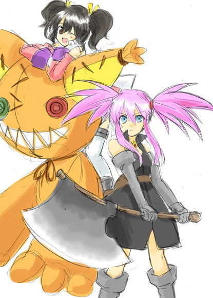 anise tatlin, presea combatir, tokunaga (tales), tales of (series), tales of symphonia, tales of the abyss, 00s, 2girls, axe, black hair, blue eyes, boots, brown eyes, crossover, gloves, knee boots, multiple girls, one eye closed, pink hair, scar, stitches, stuffed toy, twintails, weapon, wink