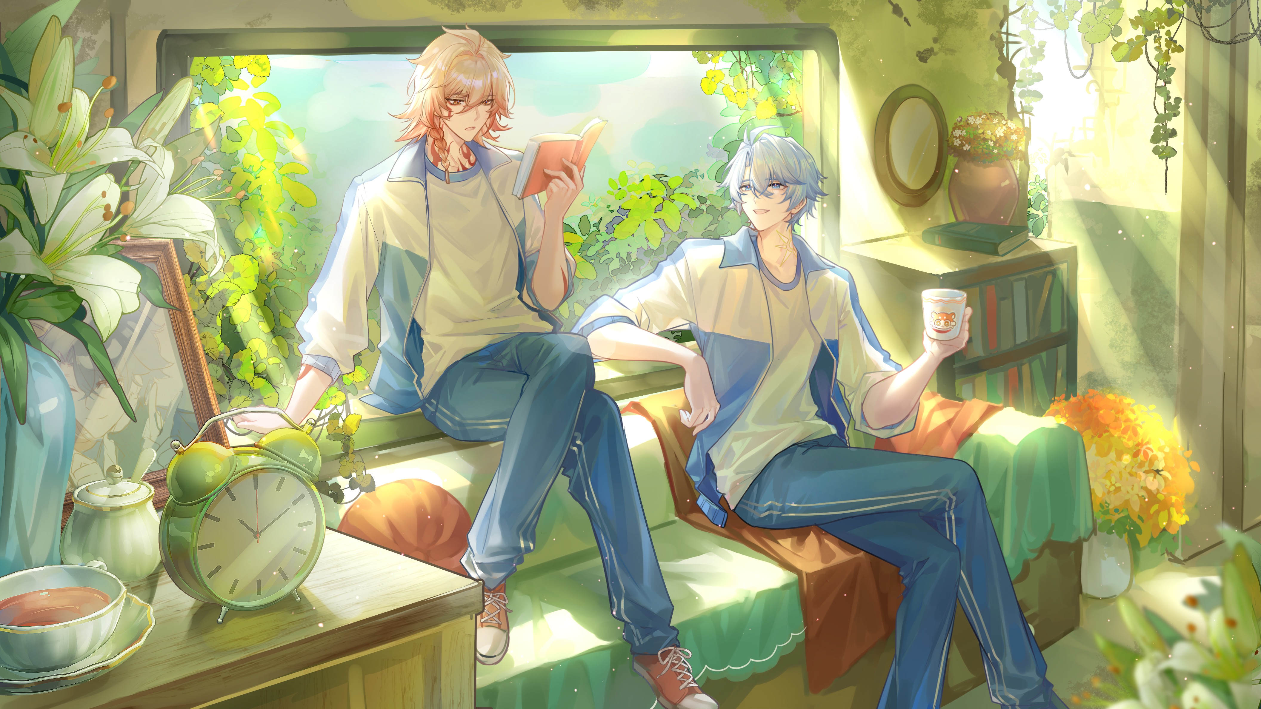 mydei (honkai: star rail), phainon (honkai: star rail), honkai: star rail, honkai (series), absurdres, chinese commentary, commentary request, highres, 2boys, antenna hair, arm tattoo, blonde hair, blue eyes, blue jacket, blue pants, book, braid, clock, couch, crossed legs, cup, facial tattoo, gradient hair, gym uniform, holding, holding book, holding cup, jacket, looking back, male focus, medium hair, multicolored hair, multicolored jacket, multiple boys, on couch, open clothes, open jacket, pants, parted bangs, red hair, red tattoo, sereineleven, shirt, short hair, side braid, tattoo, two-tone jacket, white hair, white jacket, white shirt, window, yellow eyes