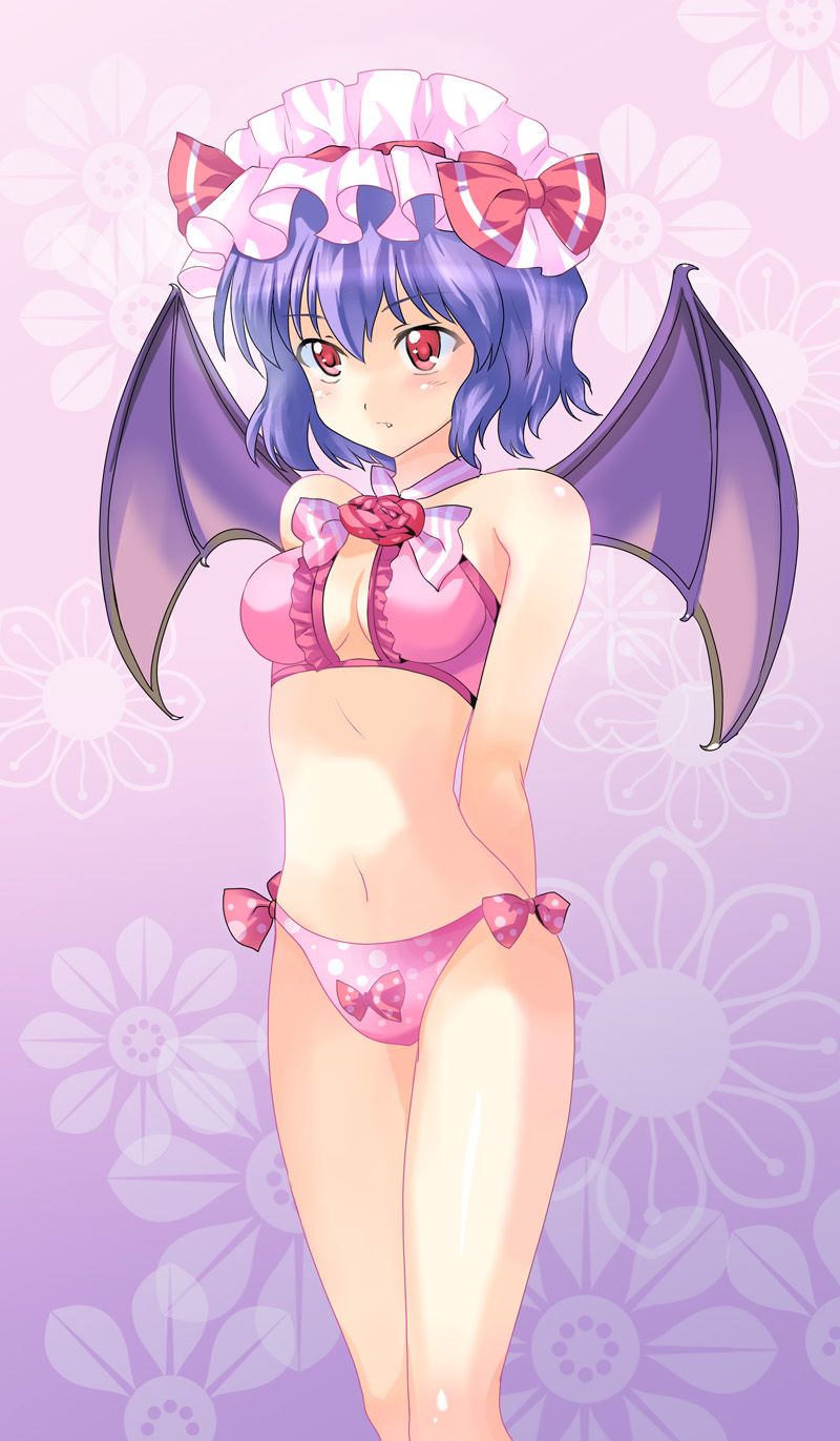 pico (picollector79), remilia scarlet, touhou, bad id, bad pixiv id, highres, 1girl, arms behind back, bare shoulders, bat wings, bikini, blue hair, breasts, fang, female focus, hat, pink bikini, red eyes, short hair, solo, standing, swimsuit, wings