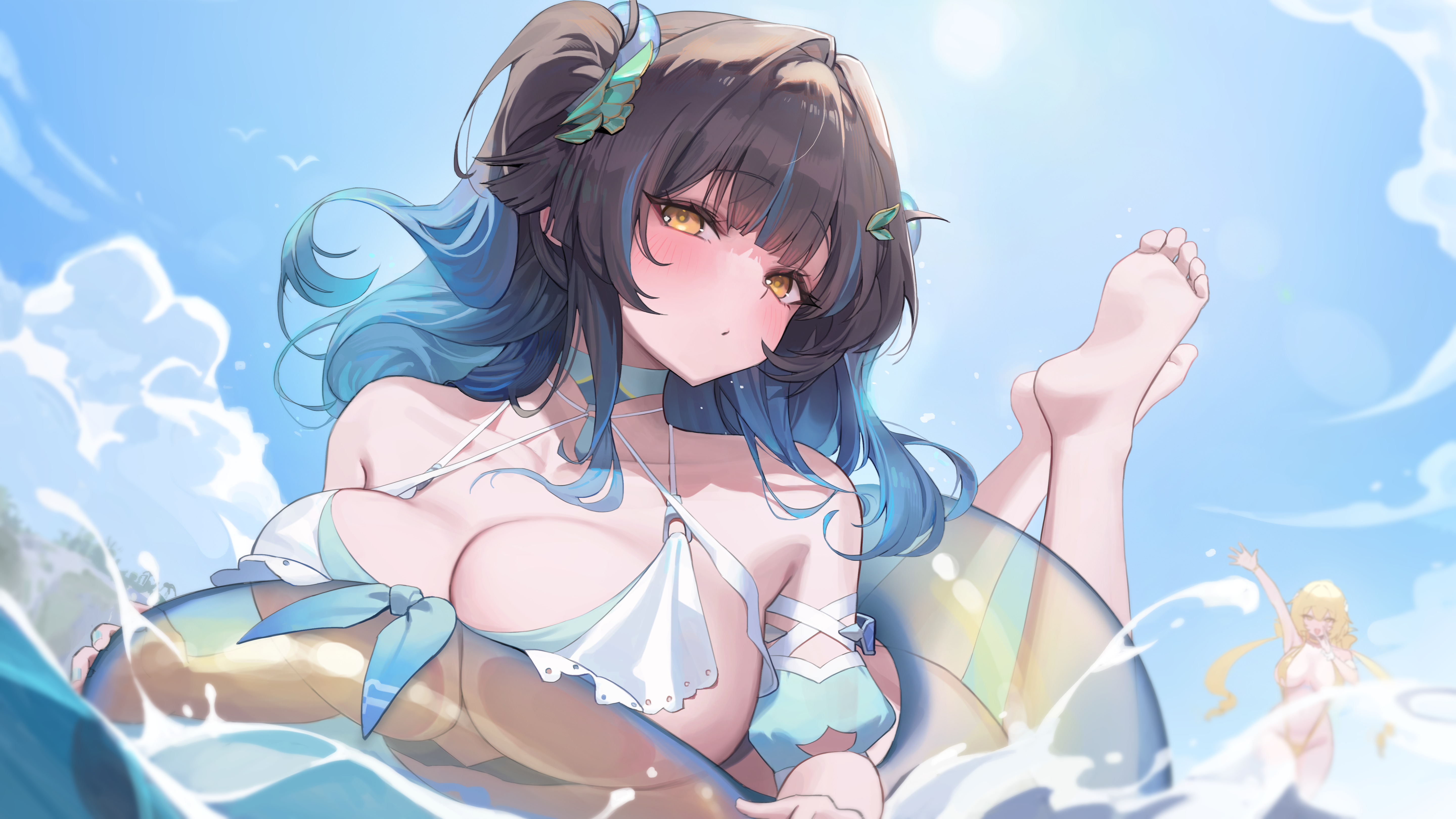 p00nipooni, fenny golden, siris (snowbreak), snowbreak: containment zone, absurdres, commentary request, highres, 2girls, arm up, barefoot, bikini, black hair, blonde hair, blue sky, blush, breasts, cleavage, cloud, cloudy sky, day, feet, hair intakes, hair ornament, huge breasts, long hair, looking at viewer, lying, multiple girls, ocean, on innertube, on stomach, outdoors, sky, slingshot swimsuit, solo focus, swimsuit, toes, transparent innertube, two side up, water, white bikini, yellow eyes, yellow slingshot swimsuit