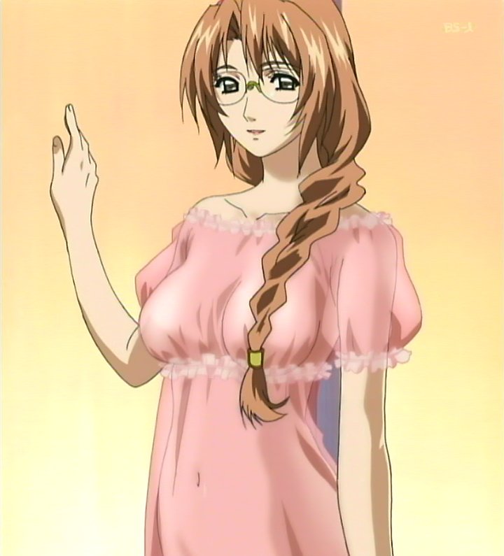 senjou nanase, yumeria, anime screenshot, stitched, third-party edit, 00s, brown eyes, glasses, long hair, navel, see-through clothes, solo