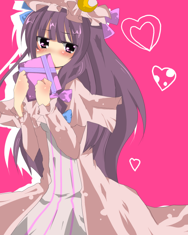 shun47, patchouli knowledge, touhou, bad id, bad pixiv id, 1girl, blush, bow, crescent hat ornament, female focus, gift, hat, hat ornament, heart, holding, holding gift, long hair, pink bow, purple eyes, purple hair, solo, valentine