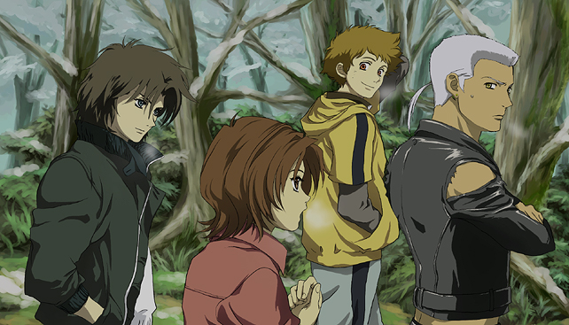 blue clover, hosaka shinobu, hige, kiba, toboe, tsume, wolf's rain, silver hair, 00s, 4boys, brown hair, dark-skinned male, dark skin, forest, hood, hoodie, jacket, male focus, multiple boys, nature, short hair, snow