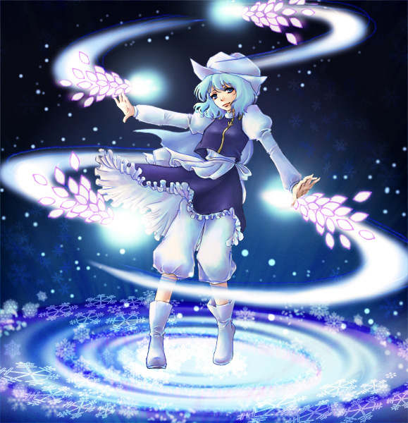 letty whiterock, touhou, 1girl, blue eyes, blue hair, danmaku, female focus, gradient background, hat, matching hair/eyes, skirt, solo