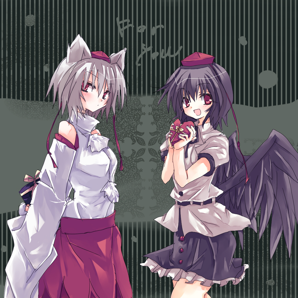 bikkuameron, inubashiri momiji, shameimaru aya, touhou, bad id, bad pixiv id, 2girls, animal ears, black hair, black wings, detached sleeves, female focus, gift, hat, heart, holding, holding gift, multiple girls, red eyes, ribbon, short hair, skirt, tokin hat, valentine, white hair, wings, wolf ears
