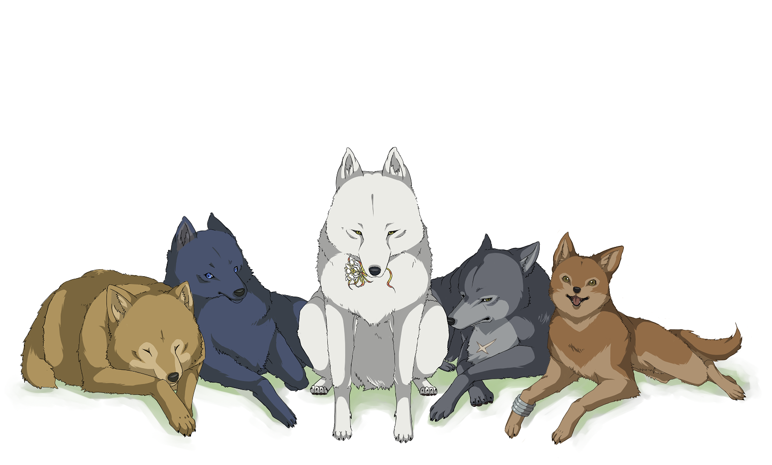 shiroinu, blue (wolf's rain), hige, kiba, toboe, tsume, wolf's rain, 00s, animal, animal focus, blue eyes, blue theme, bracelet, brown eyes, dog, flower, jewelry, lying, multiple dogs, scar, sitting, tongue, wolf, yellow eyes