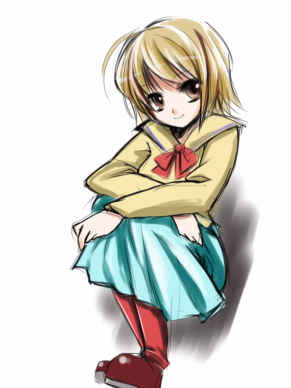 momose kurumi, pani poni dash!, non-web source, 00s, brown eyes, brown hair, pantyhose, school uniform, short hair, solo