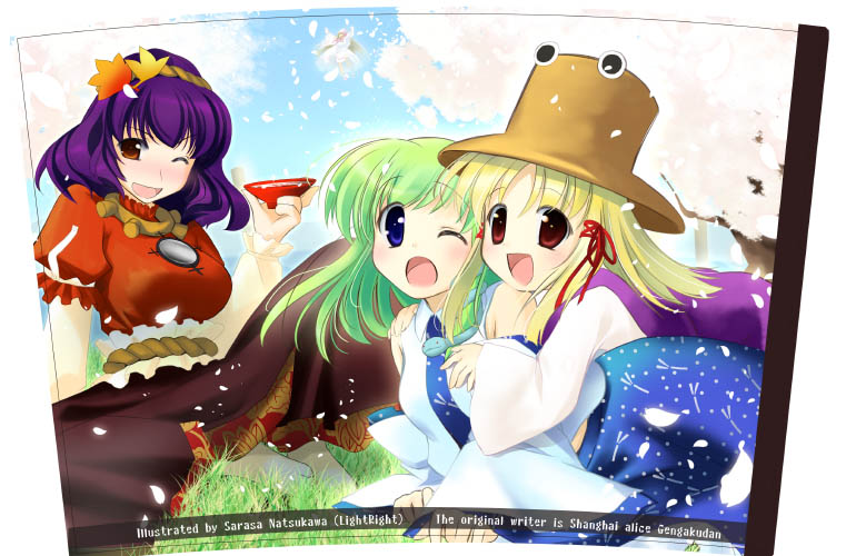 natsukawa sarasa, sarasa natsukawa, kochiya sanae, moriya suwako, yasaka kanako, touhou, bad id, bad pixiv id, 3girls, ;o, autumn leaves, bare shoulders, blue eyes, blue skirt, brooch, brown eyes, detached sleeves, dress, extra eyes, female focus, gem, hair ornament, hat, headband, hug, hug from behind, jewelry, leaf, leaf hair ornament, long hair, long sleeves, looking at viewer, multiple girls, one eye closed, open mouth, red dress, red eyes, skirt, vest, yuri