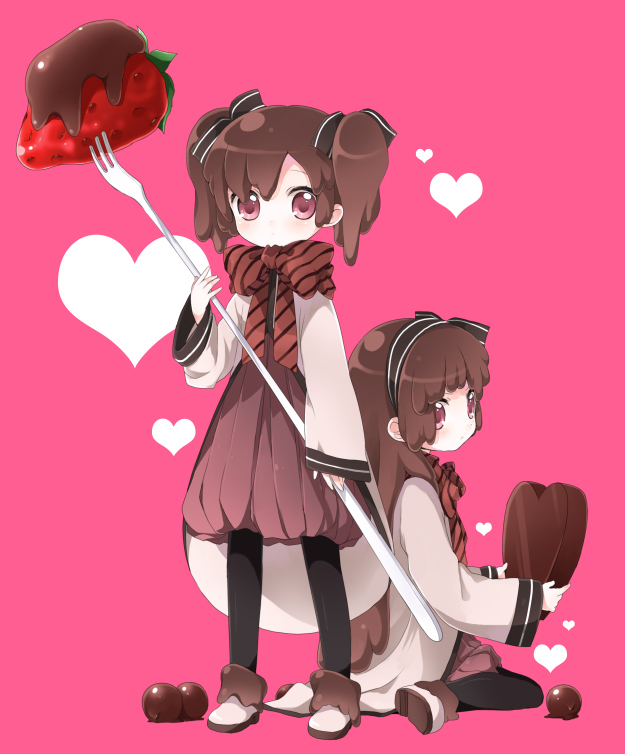 namori, original, 2girls, bow, chocolate, food, fruit, hairband, heart, multiple girls, pantyhose, strawberry, twintails, valentine