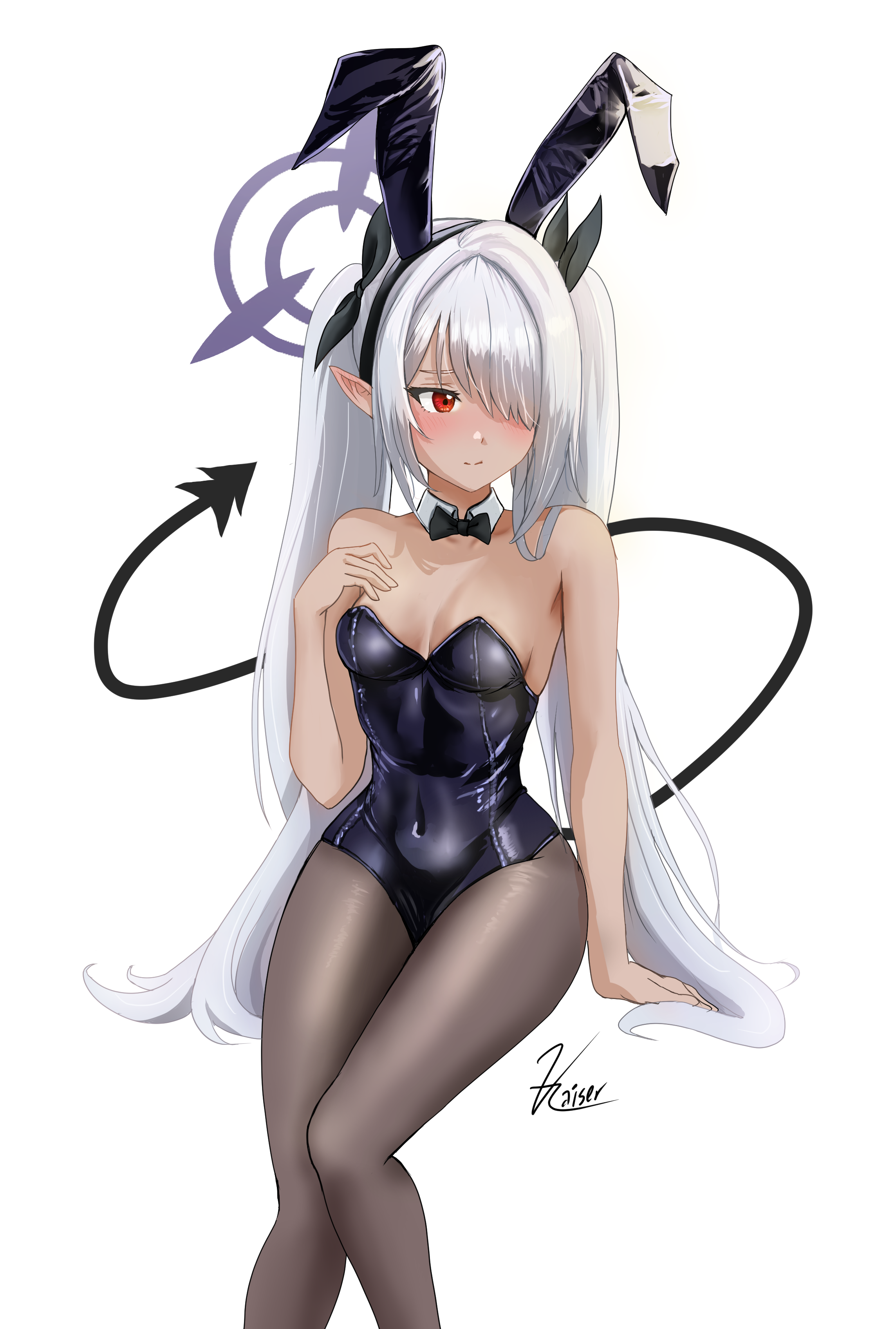 kaisergrand, iori (blue archive), blue archive, absurdres, highres, 1girl, alternate costume, animal ear hairband, animal ears, asymmetrical bangs, black bow, black bowtie, black pantyhose, black tail, blue leotard, blush, bow, bowtie, breasts, closed mouth, collar, dark-skinned female, dark skin, demon tail, detached collar, fake animal ears, grey hair, hair over one eye, hairband, halo, leotard, long hair, looking to the side, pantyhose, playboy bunny, pointy ears, purple halo, rabbit ear hairband, rabbit ears, red eyes, signature, simple background, sitting, small breasts, solo, tail, white background, white collar