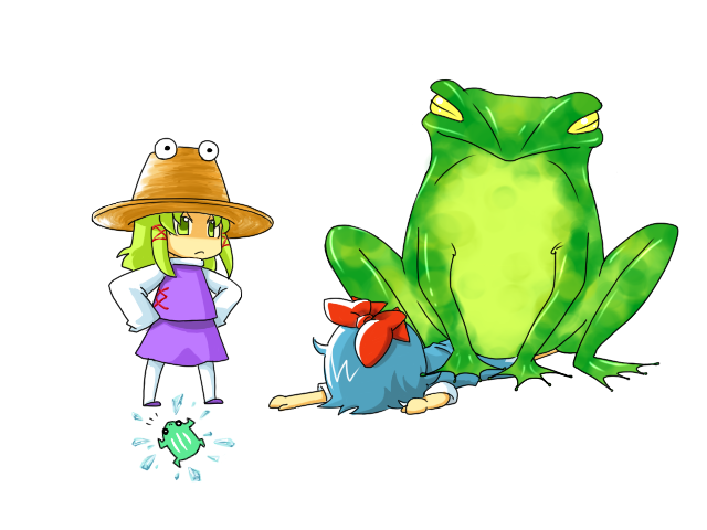 hana azuki, cirno, moriya suwako, oogama, pyonta, touhou, 2girls, animal, female focus, frog, giant toad, hat, multiple girls, oversized animal, pantyhose, simple background, toad (animal), white background