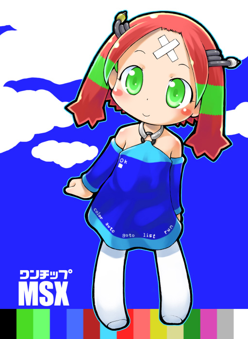 1chip msx-tan, msx, os-tan, second-party source, translation request, 1chip msx, 1girl, bandaid, bandaid on face, bandaid on forehead, bare shoulders, blue background, blue dress, cable, cloud, color guide, crossed bandaids, detached sleeves, dress, female focus, full body, green eyes, green hair, moe (phrase), multicolored hair, pantyhose, personification, pigeon-toed, red hair, sky, smile, solo, standing, two-tone dress, two-tone hair