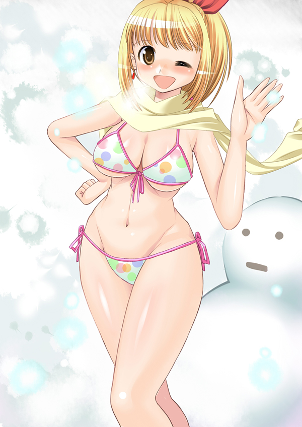 marin (marine-sky-earth), zouzou, marin (umi monogatari), umi monogatari, 00s, bikini, blonde hair, brown eyes, front-tie top, hairband, scarf, short hair, side-tie bikini bottom, snow, snowman, solo, swimsuit