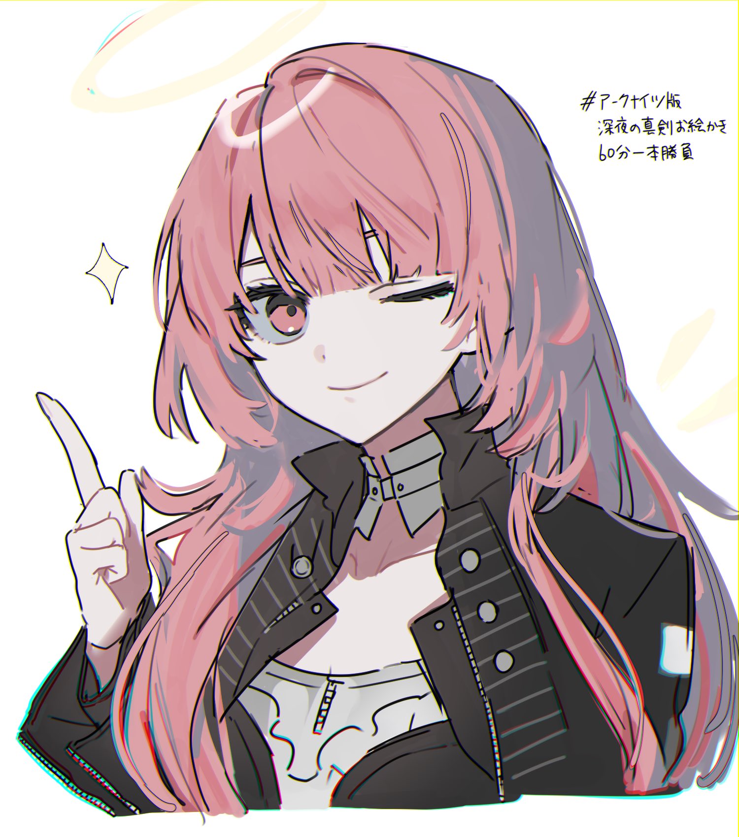 lemuen (arknights), arknights, commentary, highres, 1girl, ;), black jacket, chromatic aberration, closed mouth, cropped torso, daki (ipi naki), halo, index finger raised, jacket, long hair, long sleeves, looking at viewer, one-hour drawing challenge, one eye closed, pink eyes, pink hair, simple background, smile, solo, sparkle, traditional halo, white background, yellow halo