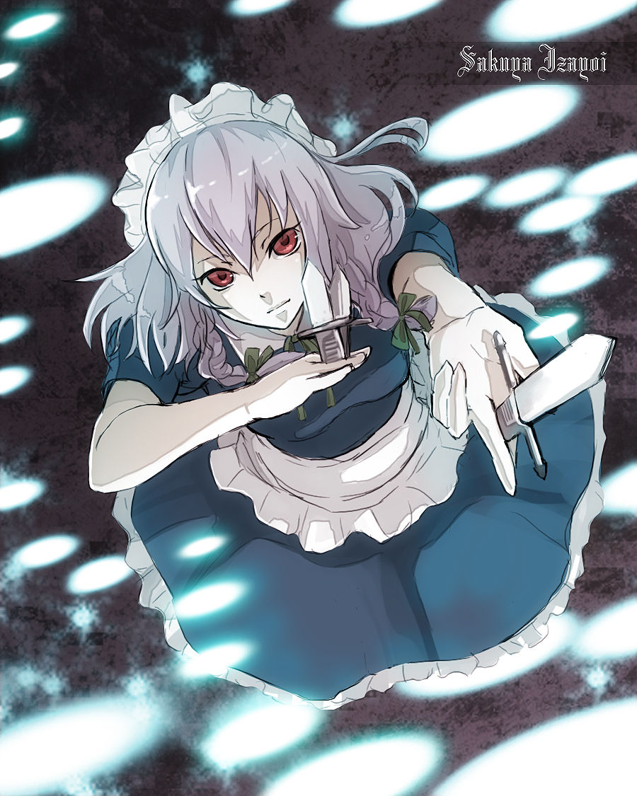 natuwaya, izayoi sakuya, touhou, silver hair, bad id, bad pixiv id, 1girl, braid, female focus, knife, red eyes, short hair, solo, throwing knife, twin braids, weapon
