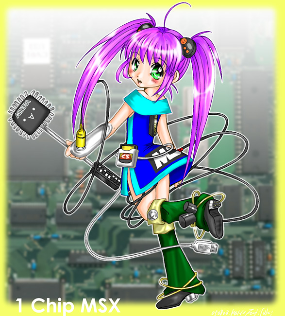 1chip msx-tan, msx, os-tan, second-party source, translation request, 1chip msx, 1girl, ahoge, bare shoulders, black boots, blue dress, blurry, blurry background, blush, boots, border, cable, character name, circuit board, computer, computer chip, dress, female focus, from side, gloves, green boots, green eyes, long hair, looking at viewer, looking back, magical girl, moe (phrase), personification, photo background, pink hair, short dress, smile, solo, standing, standing on one leg, twintails, two-tone dress, usb cable, wand, wire, yellow border