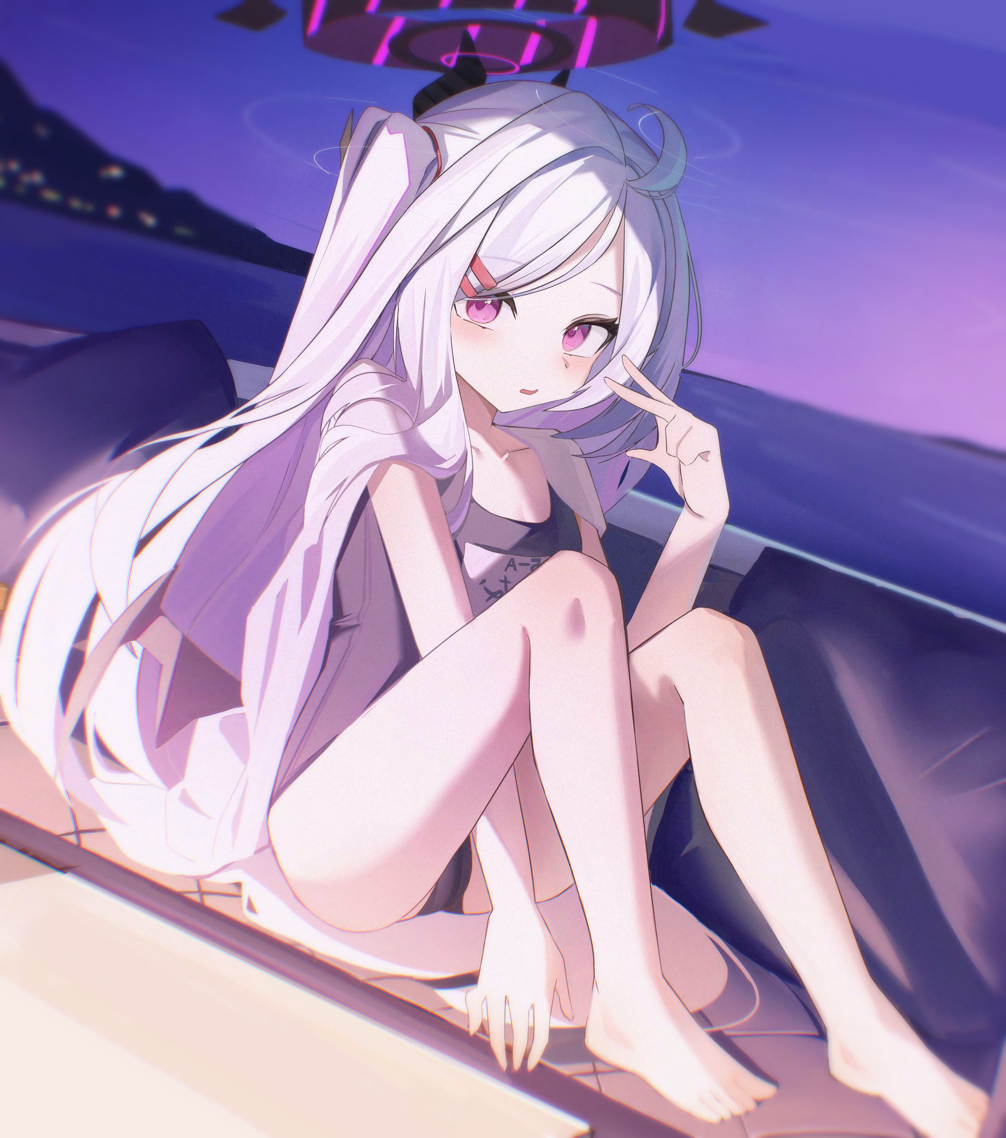 ayu (user xkhp7843), hina (blue archive), hina (swimsuit) (blue archive), blue archive, absurdres, chinese commentary, commentary request, highres, barefoot, black halo, black horns, black one-piece swimsuit, blush, collarbone, feet out of frame, hair ornament, hairclip, halo, hand up, horns, long hair, looking at viewer, night, official alternate costume, one-piece swimsuit, open mouth, outdoors, parted bangs, purple eyes, sitting, solo, swimsuit, white hair