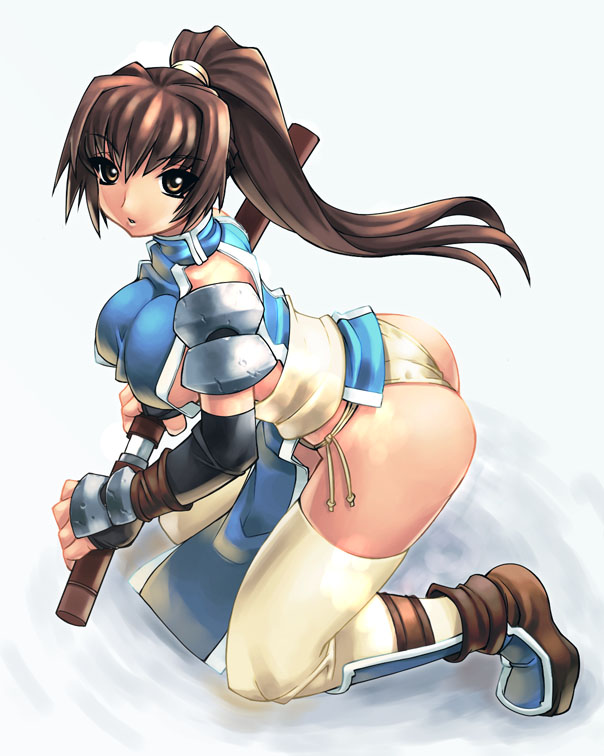 ass, breasts, brown eyes, brown hair, katana, kneeling, large breasts, panties, sheath, side-tie panties, sword, thighhighs, underwear, unsheathing, weapon