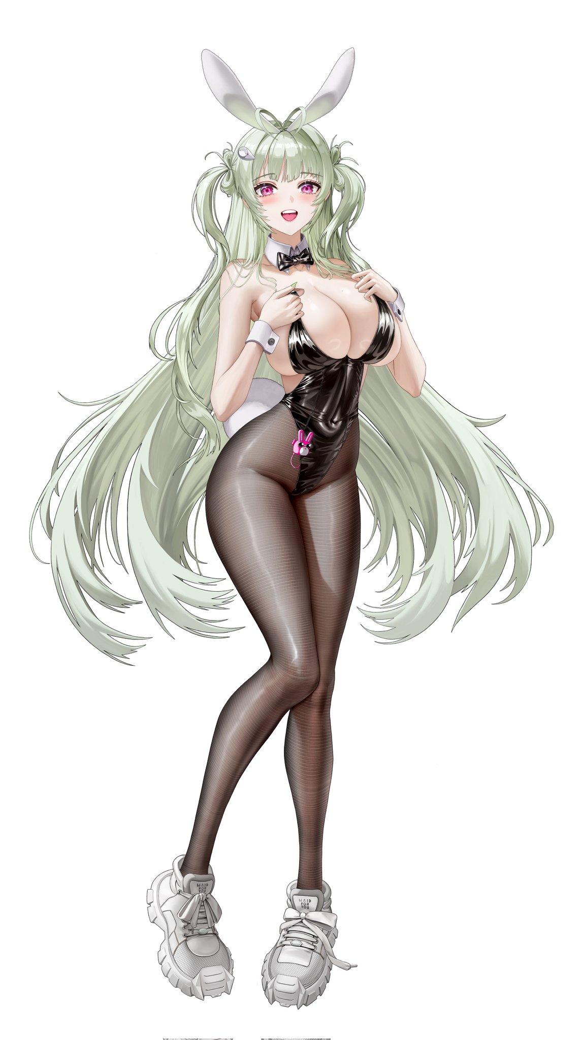 soda (nikke), soda (twinkling bunny) (nikke), goddess of victory: nikke, highres, 1girl, animal ears, black bow, black bowtie, black leotard, black pantyhose, bow, bowtie, breasts, covered navel, detached collar, fake animal ears, fake tail, full body, green hair, koswi1111, large breasts, leotard, long hair, looking at viewer, official alternate costume, open mouth, pantyhose, pink eyes, playboy bunny, rabbit ears, rabbit tail, shoes, simple background, smile, solo, standing, tail, teeth, upper teeth only, very long hair, white background, white shoes, white wrist cuffs, wrist cuffs