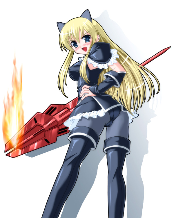yukimura hajime, fatina, fatina (druaga), babylonian castle saga, bandai namco, druaga no tou, 1girl, animal ears, ass, blonde hair, blue eyes, blush, boots, breasts, cat ears, cat girl, covered erect nipples, detached sleeves, female focus, fire, gothic lolita, gradient background, lolita fashion, long hair, looking back, medium breasts, pantyhose, solo, staff, thigh boots, thighhighs, white background