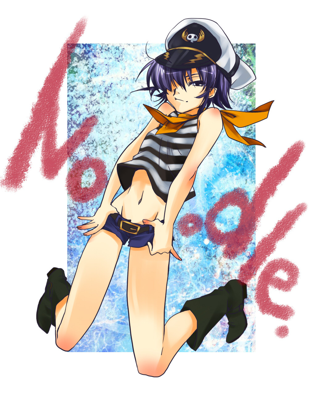 noodle (gorillaz), gorillaz, bad id, bad pixiv id, commentary, highres, 1girl, abs, bare shoulders, belt, belt buckle, black belt, black boots, black eyes, black shirt, blue background, blue shorts, boots, border, breasts, buckle, character name, closed mouth, clothes lift, crop top, denim, denim shorts, elbow blush, graffiti, groin, hair over one eye, hat, hat ornament, knee boots, kneeling, light smile, long bangs, looking at viewer, loose hair strand, lowleg, lowleg shorts, midriff, narrowed eyes, navel, neckerchief, outside border, peaked cap, petite, purple hair, ripples, seymour (seymour02), shirt, shirt lift, short hair, short shorts, shorts, shoulder blush, skull hat ornament, sleeveless, sleeveless shirt, small breasts, smile, solo, striped clothes, striped shirt, thigh gap, thumb in beltline, toned, toned female, two-tone shirt, white border, white shirt, wind, wind lift, yellow neckerchief