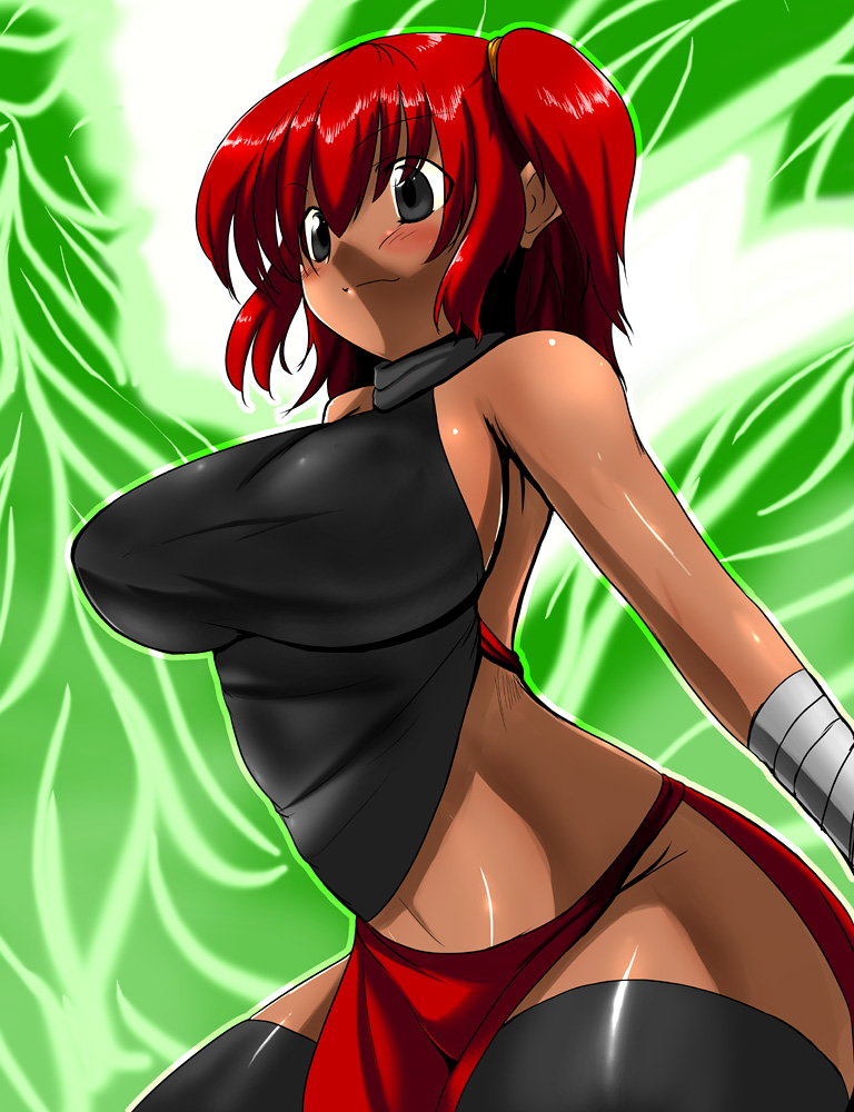 za (artist), original, bad id, bad pixiv id, :3, bare shoulders, black eyes, blush, breasts, dark-skinned female, dark skin, large breasts, red hair, short hair, solo, thighhighs