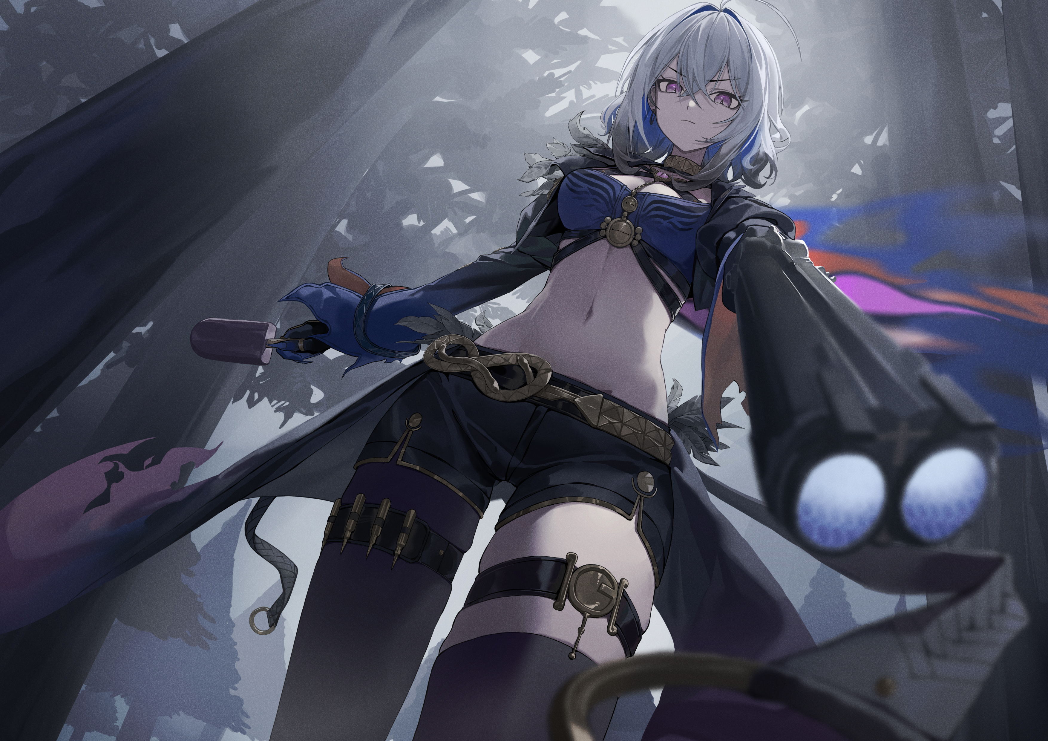 zhihuigugudegezi, galbrena (wuthering waves), wuthering waves, absurdres, chinese commentary, commentary request, highres, 1girl, aiming, aiming at viewer, black jacket, black pantyhose, black shorts, black thighhighs, blue bra, blue hair, bra, breasts, closed mouth, cropped jacket, food, gold choker, grey hair, gun, hair between eyes, holding, holding food, holding gun, holding popsicle, holding weapon, jacket, medium breasts, medium hair, navel, pantyhose, popsicle, purple eyes, shorts, single leg pantyhose, single thighhigh, solo, stomach, thigh strap, thighhighs, underwear, weapon